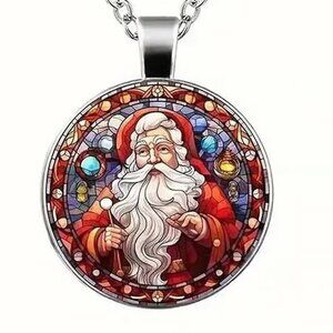 Silver Christmas SANTA CLAUS Glass Cabochon Pendant Necklace